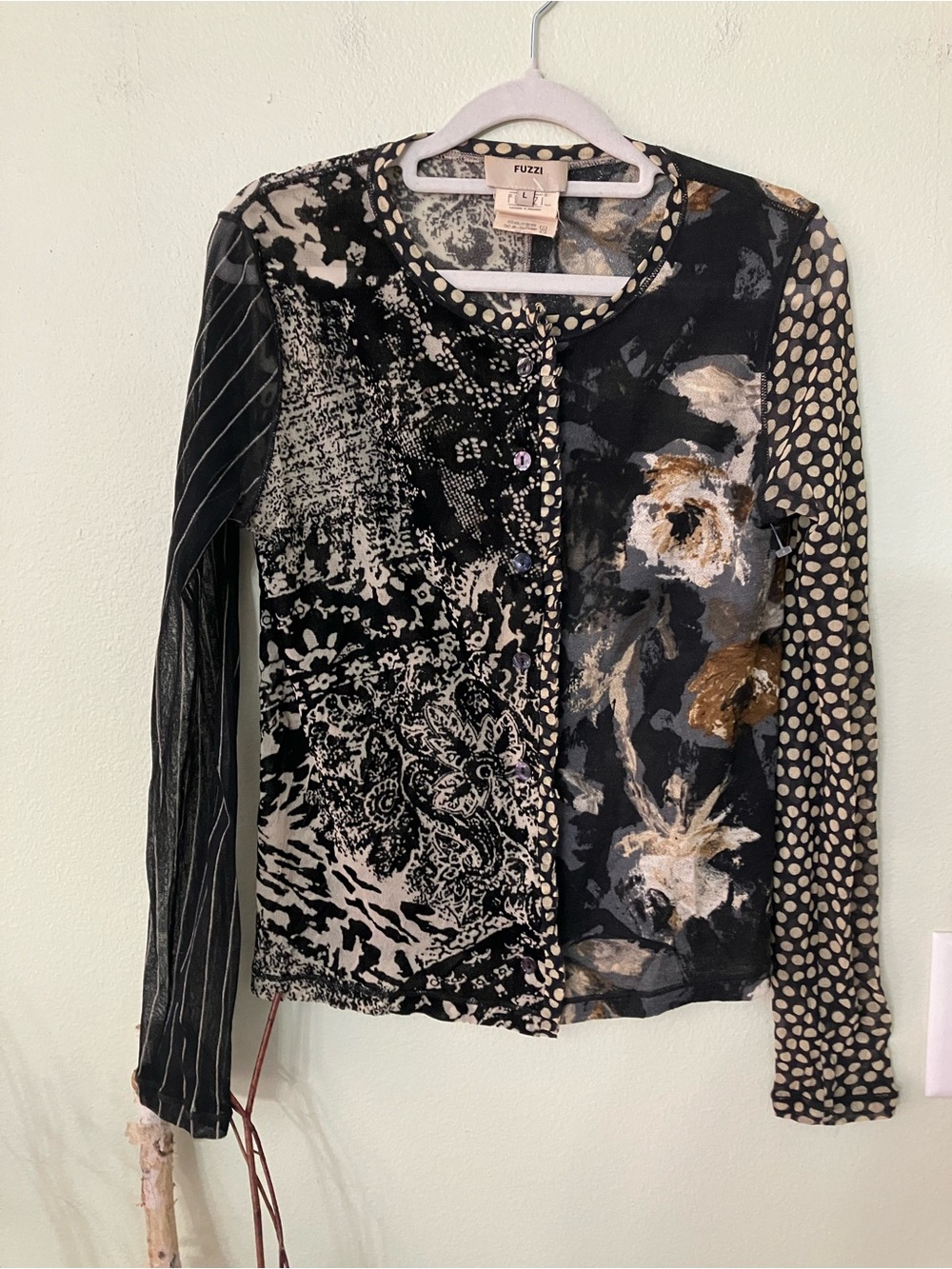 Fuzzi mesh patchwork velvety polka dot wool blend button up blouse